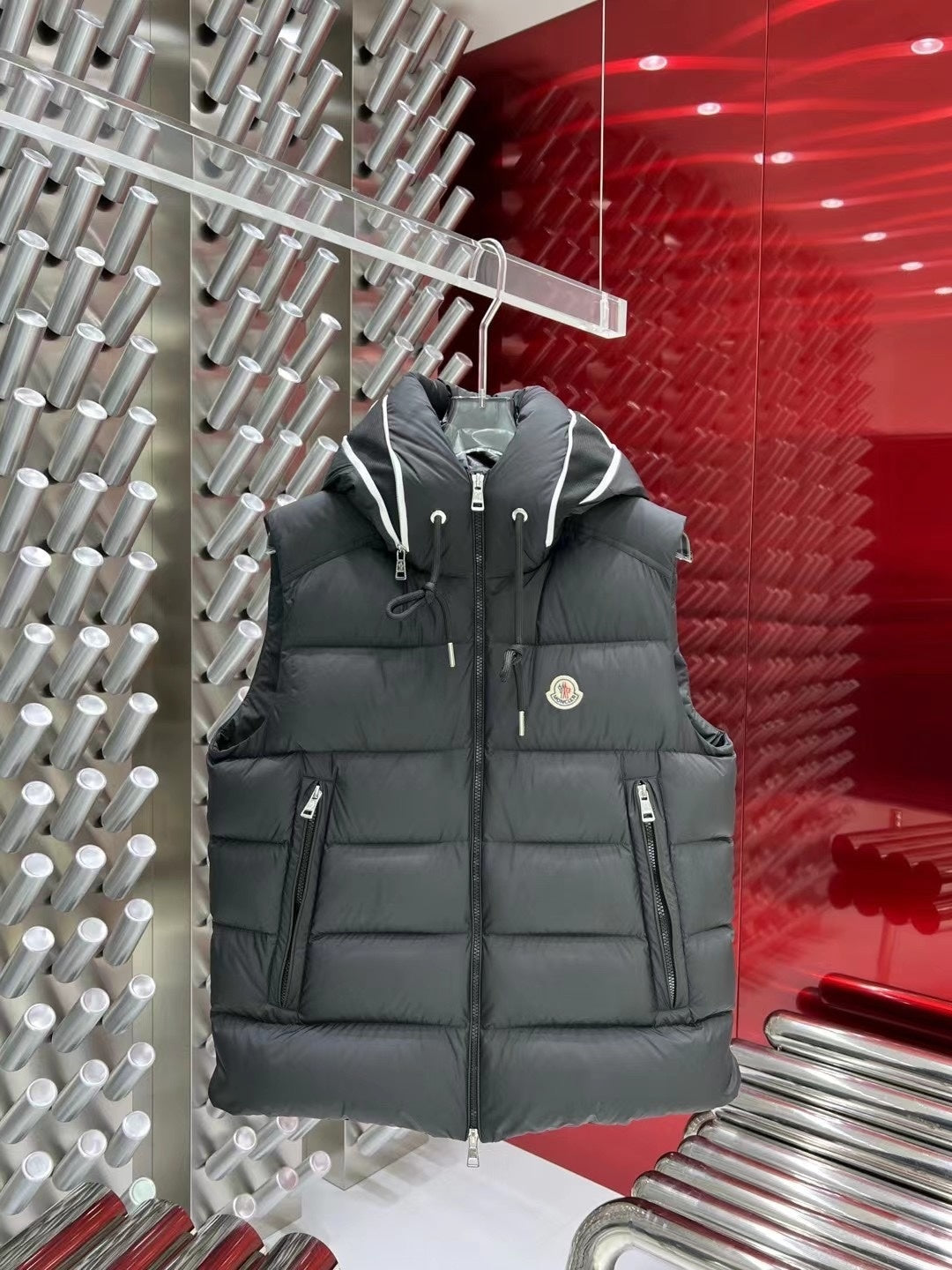 Moncler Hooded Puffer Vest in Black with White Trim