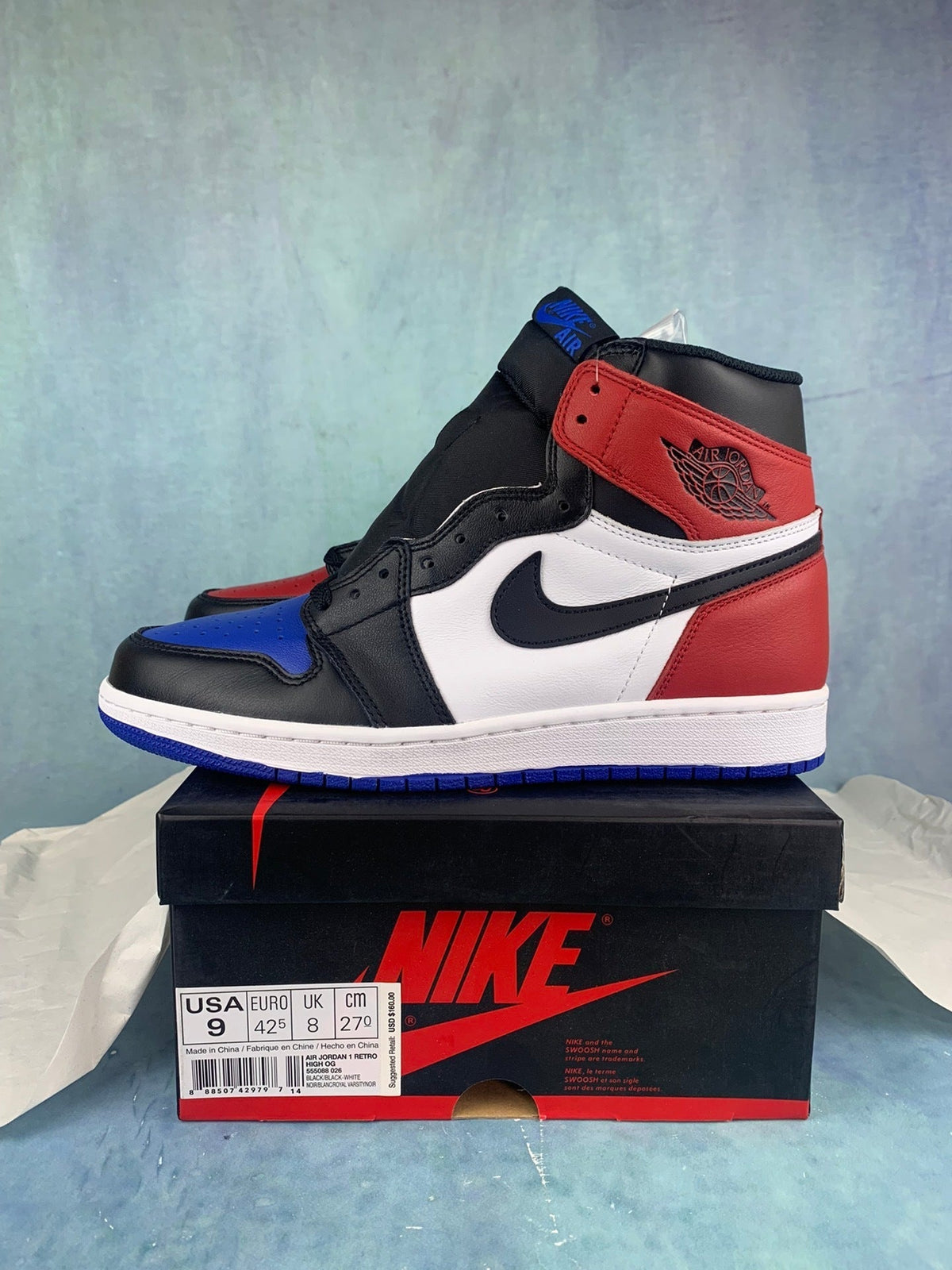 Air Jordan 1 High White, Blue, and Red Asymmetrical Pair Unisex Sneakers