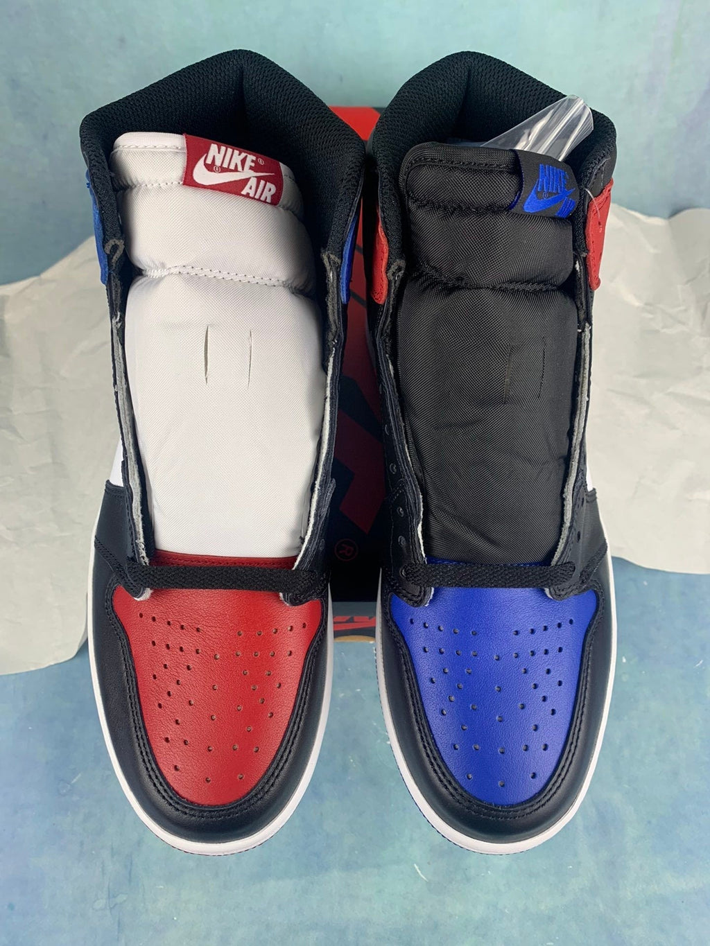 Air Jordan 1 High White, Blue, and Red Asymmetrical Pair Unisex Sneakers