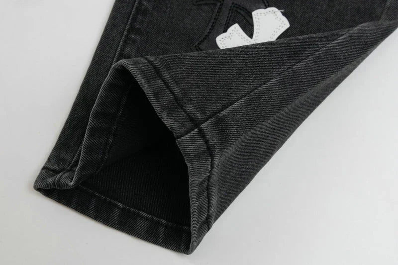 Chrome Hearts Black & White Cross Patch Flame Knee Jeans