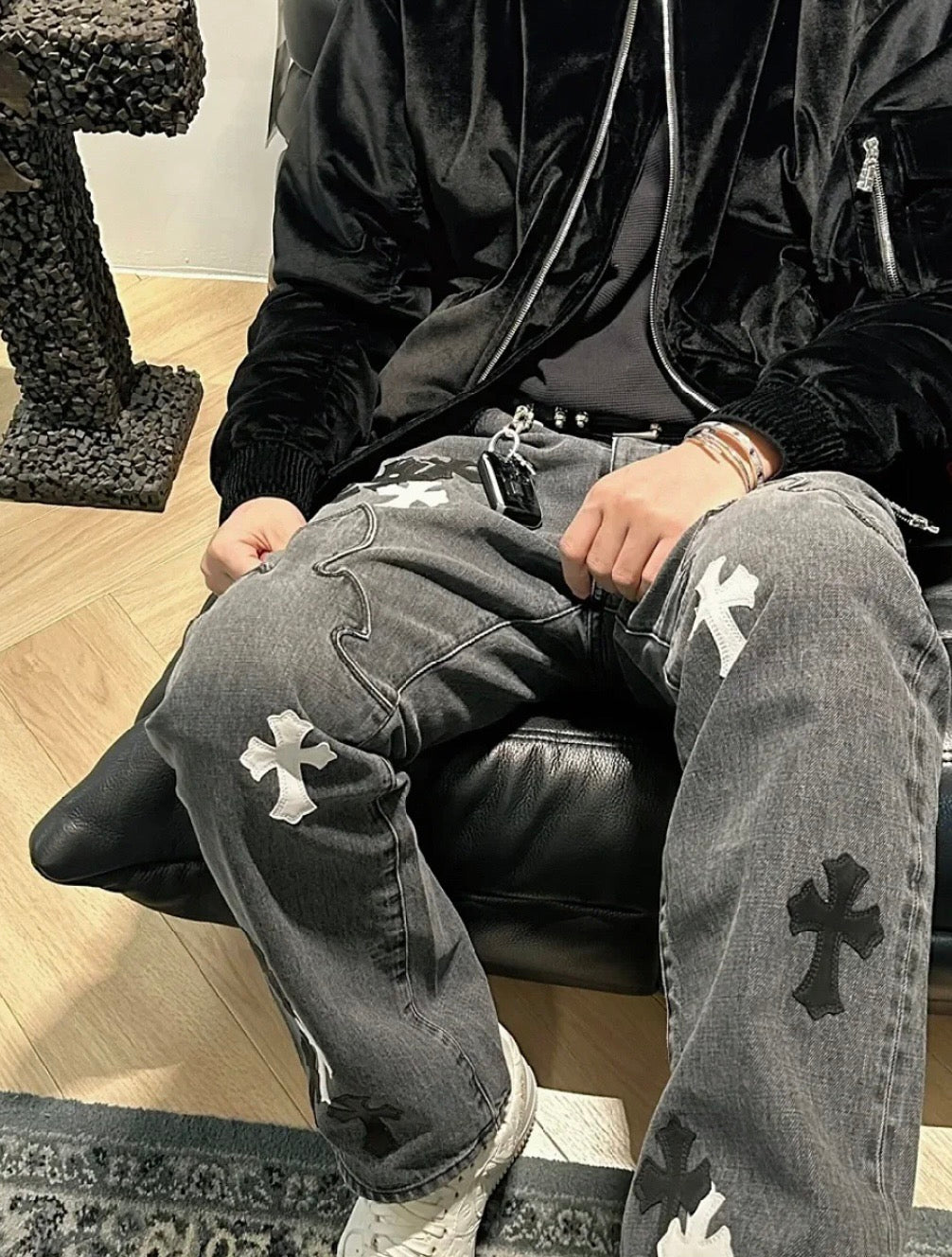 Chrome Hearts Black & White Cross Patch Flame Knee Jeans
