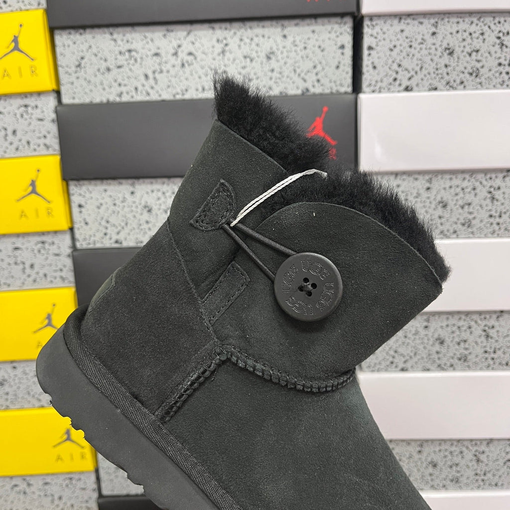 UGG Kallen Lace Mini Boot – Suede Ankle Boot with Tonal Shearling Cuff & Button Closure in Black