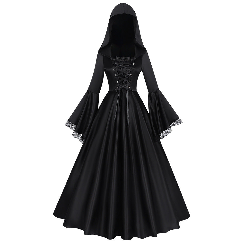 Halloween Women Medieval Gothic Hooded Witch Cosplay Long Dress