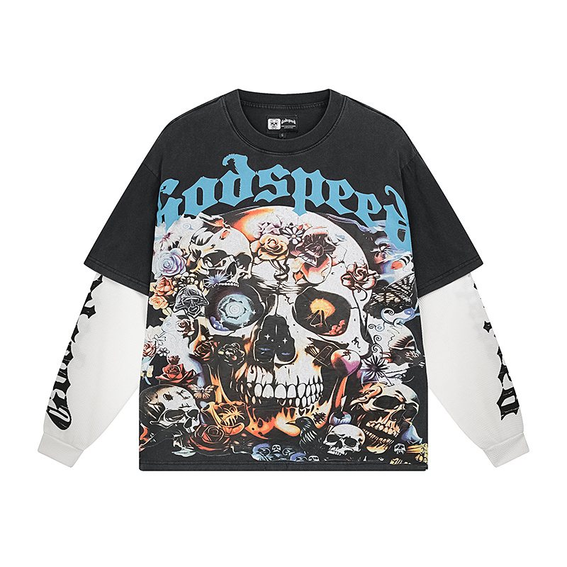 Godspeed Skull Floral Layered-Look Long-Sleeve T-Shirt