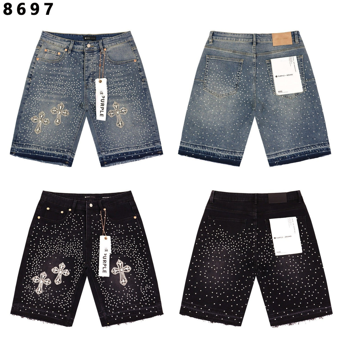Purple Brand Rhinestone Relaxed-Fit Denim Shorts Unisex