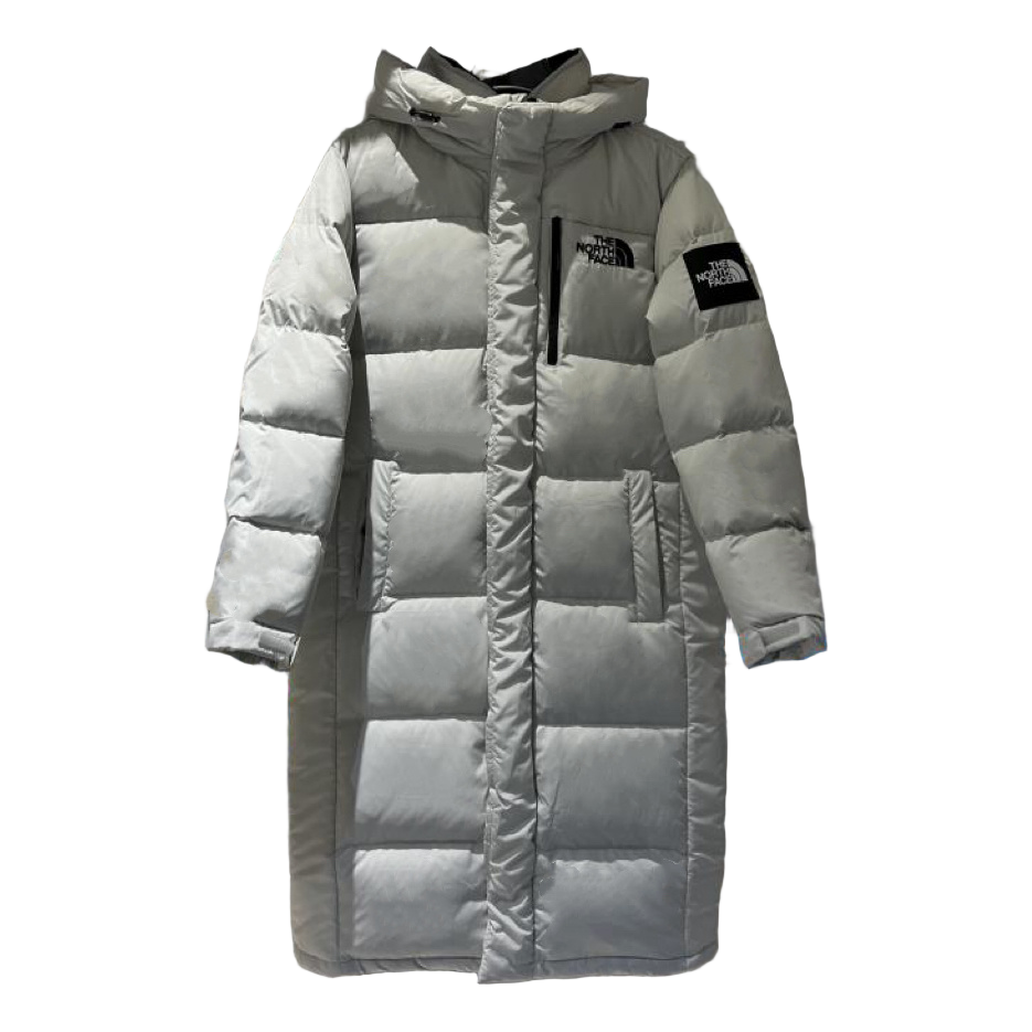 The North Face Color-Block Hooded Long Puffer Coat in Grey