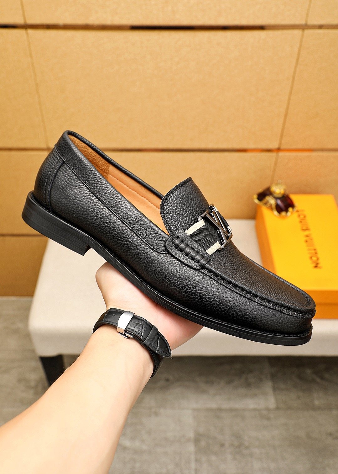 Louis Vuitton Black Pebbled Leather Loafers - Silver-Tone Hardware
