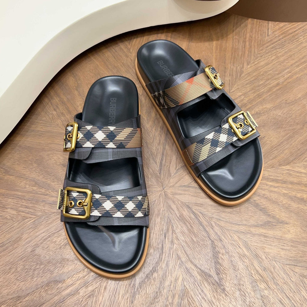 Burberry Black Plaid Two-Strap Slide Sandals