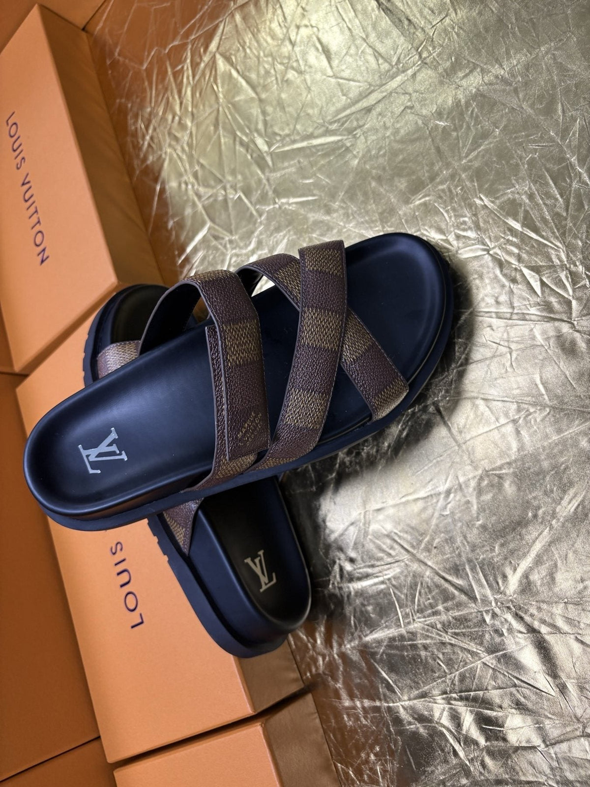 Louis Vuitton Checkered Cross-Strap Slide Sandals