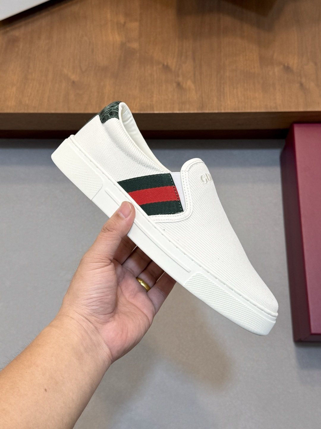 Gucci White Stripe Slip-On Sneakers