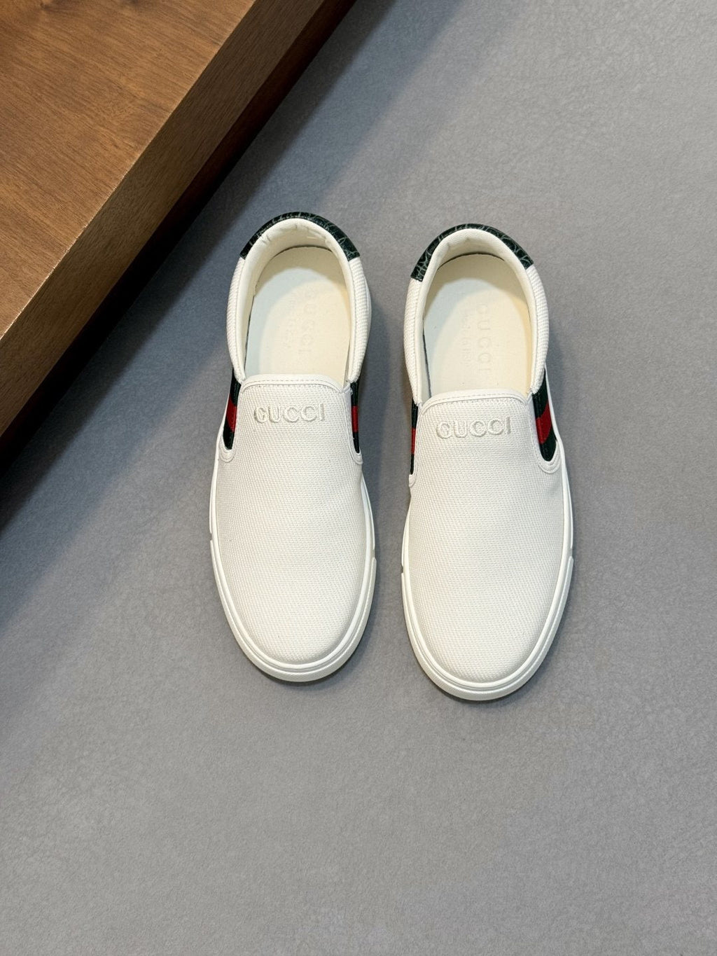 Gucci White Stripe Slip-On Sneakers