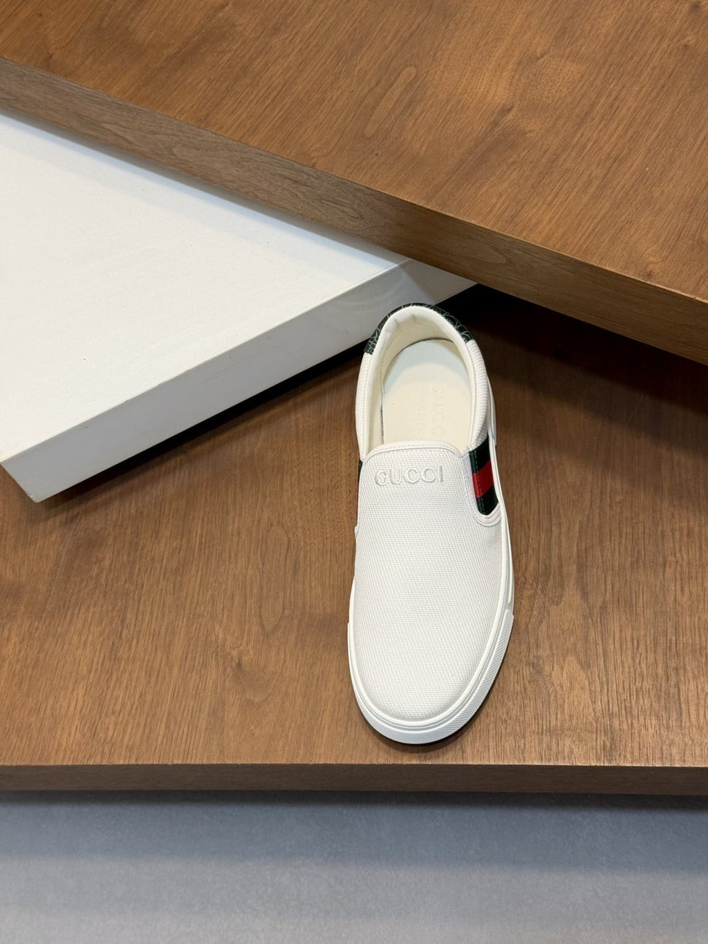 Gucci White Stripe Slip-On Sneakers