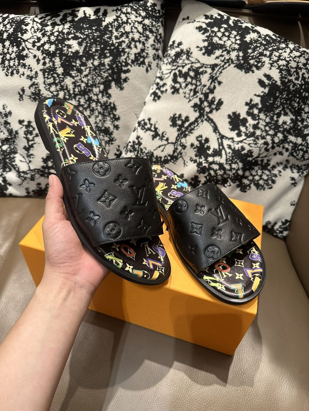 Louis Vuitton Black Embossed Slide Sandals - Open Toe
