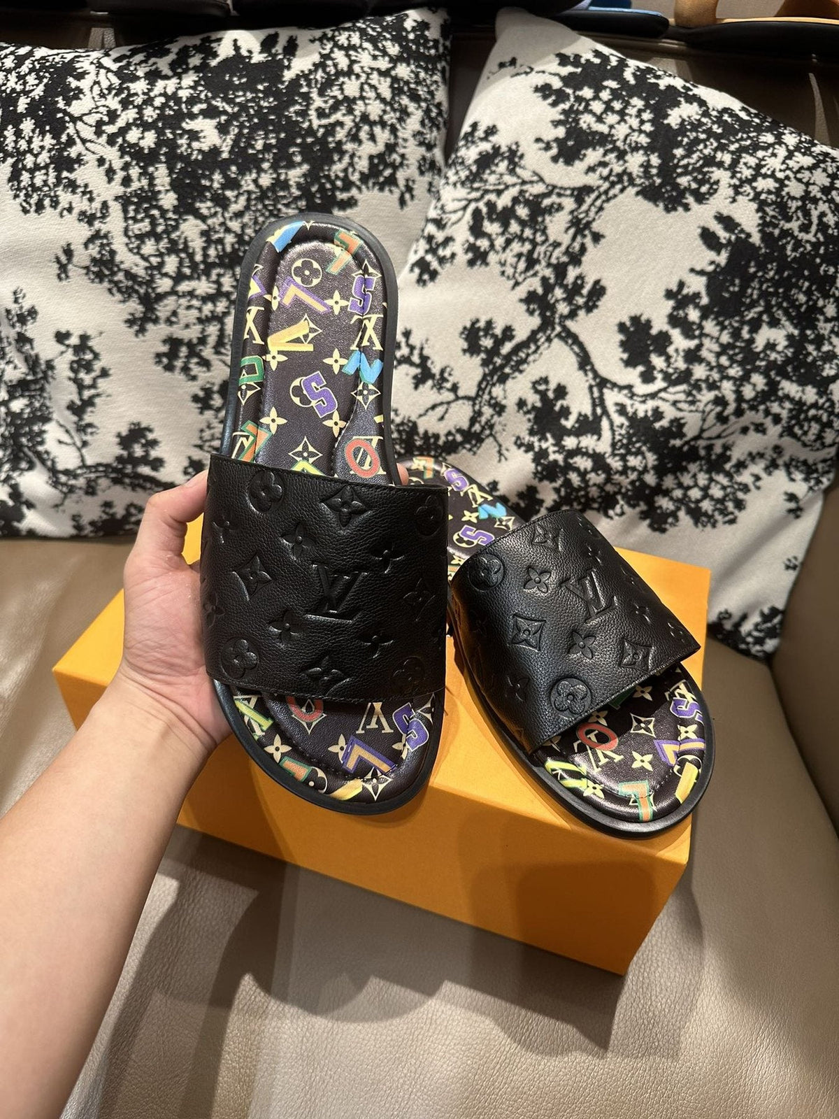 Louis Vuitton Black Embossed Slide Sandals - Open Toe