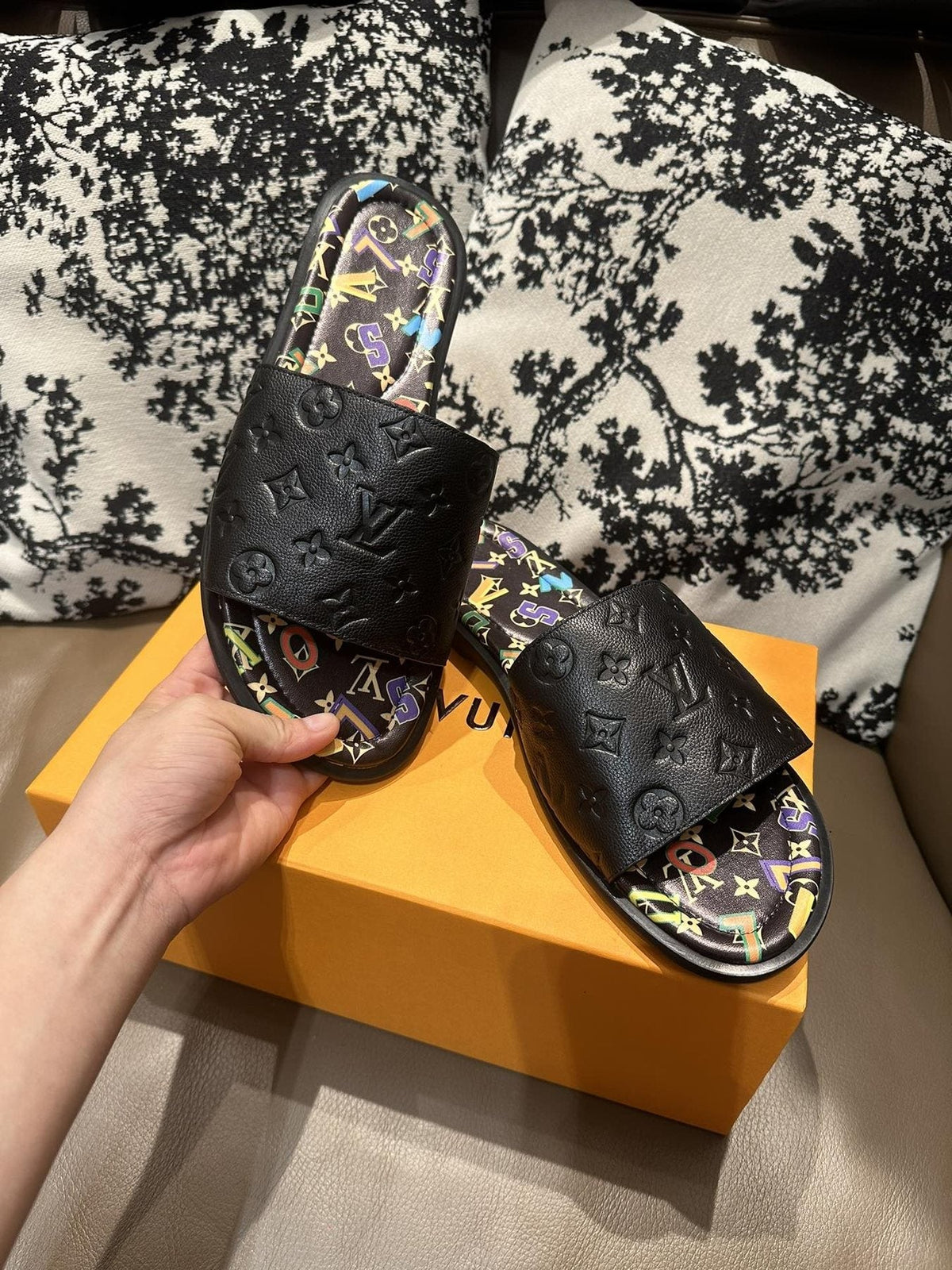Louis Vuitton Black Embossed Slide Sandals - Open Toe