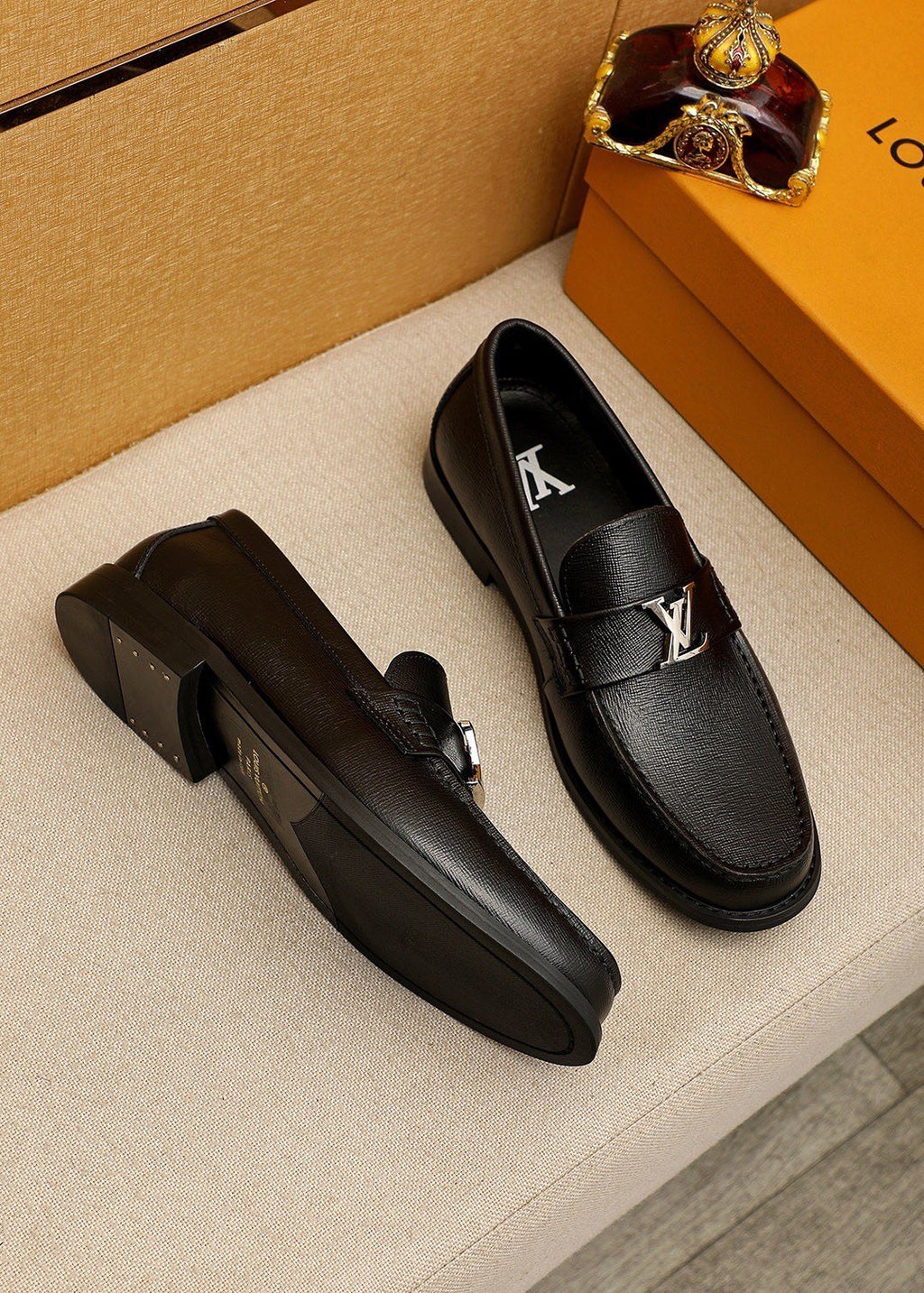 Louis Vuitton Men's Black Leather Buckle Loafers