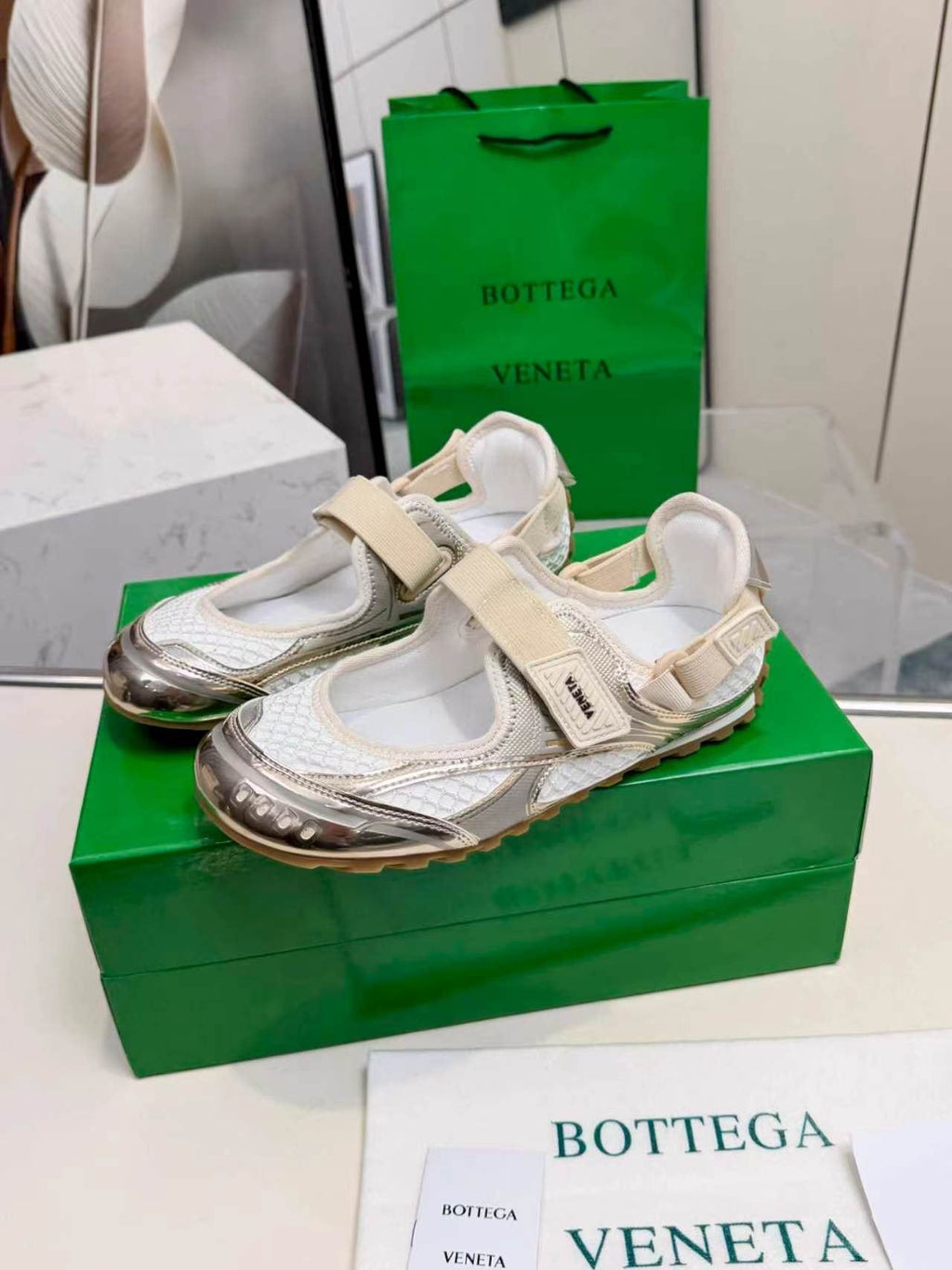 Bottega Veneta White & Silver Strap Low-Top Sneakers