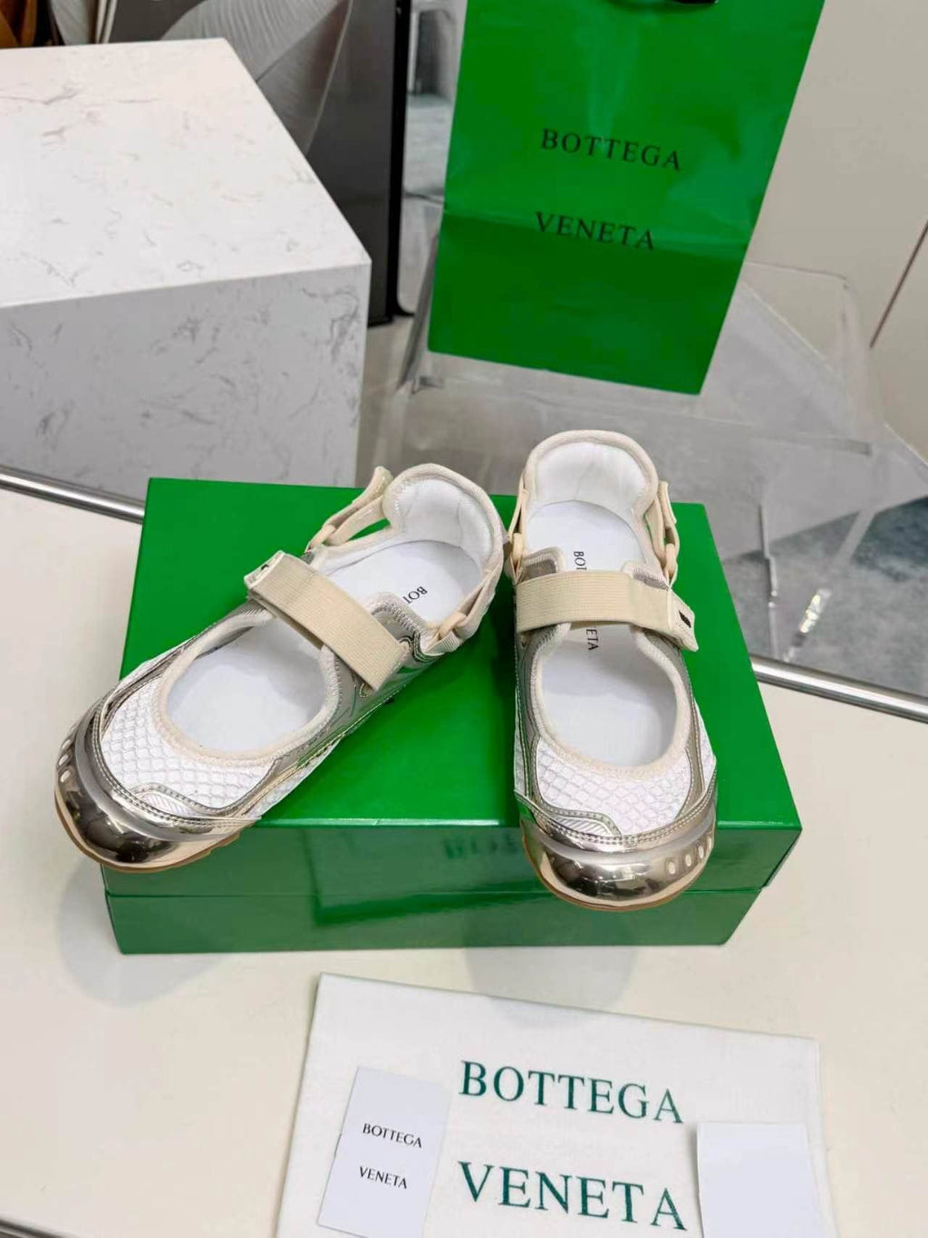 Bottega Veneta White & Silver Strap Low-Top Sneakers