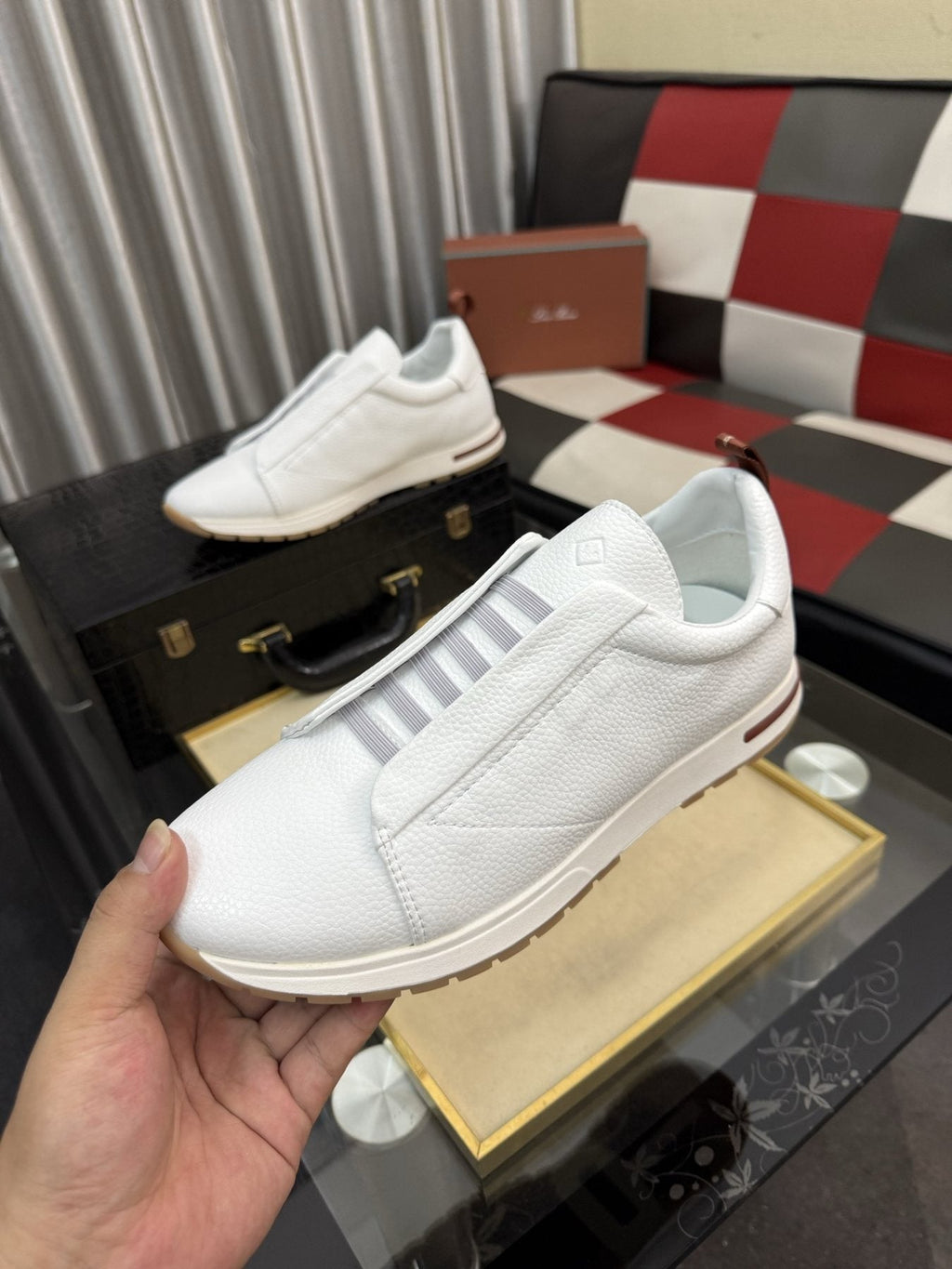 Men's White Slip-On Sneakers with Gray Bands