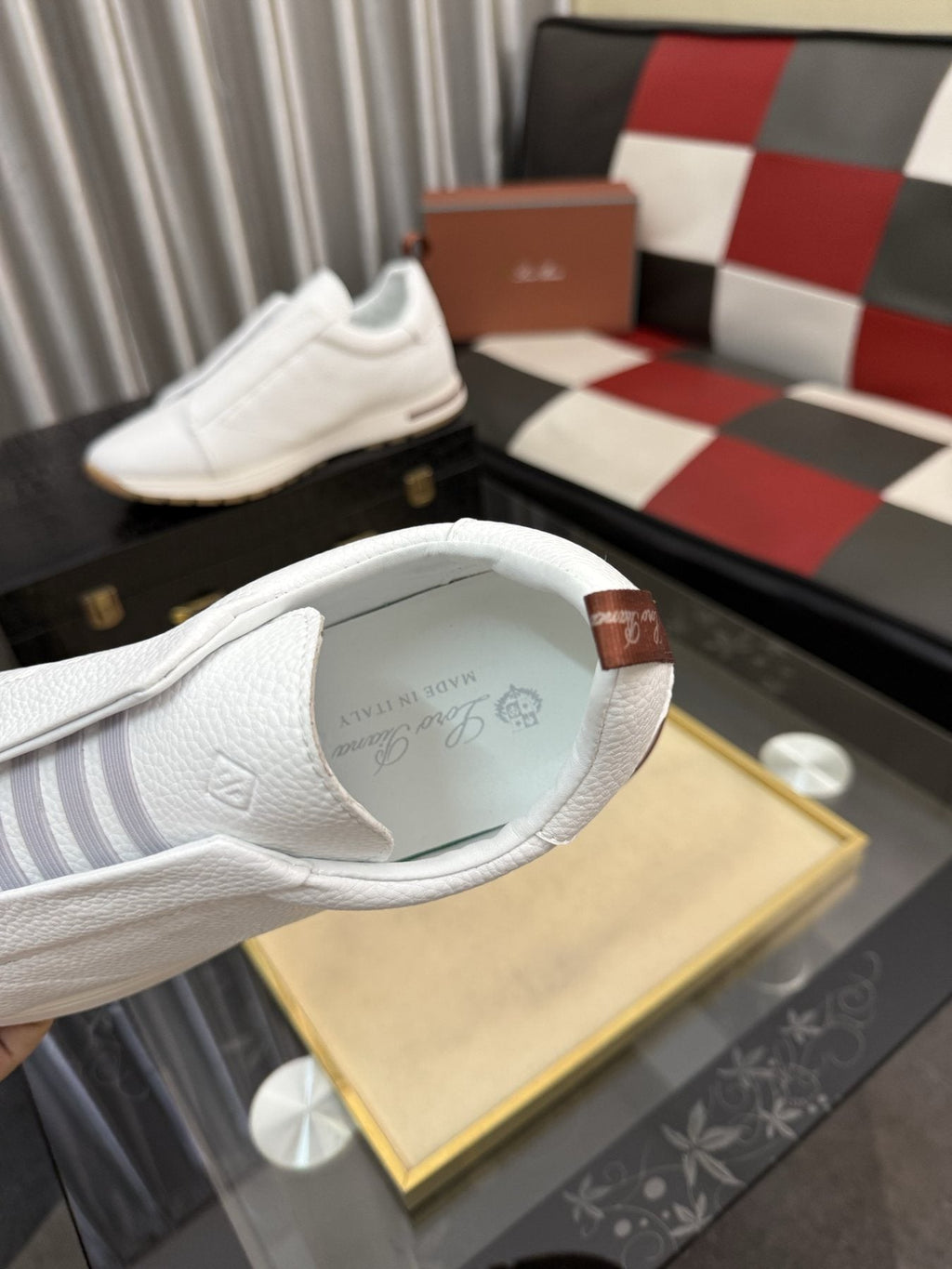 Men's White Slip-On Sneakers with Gray Bands