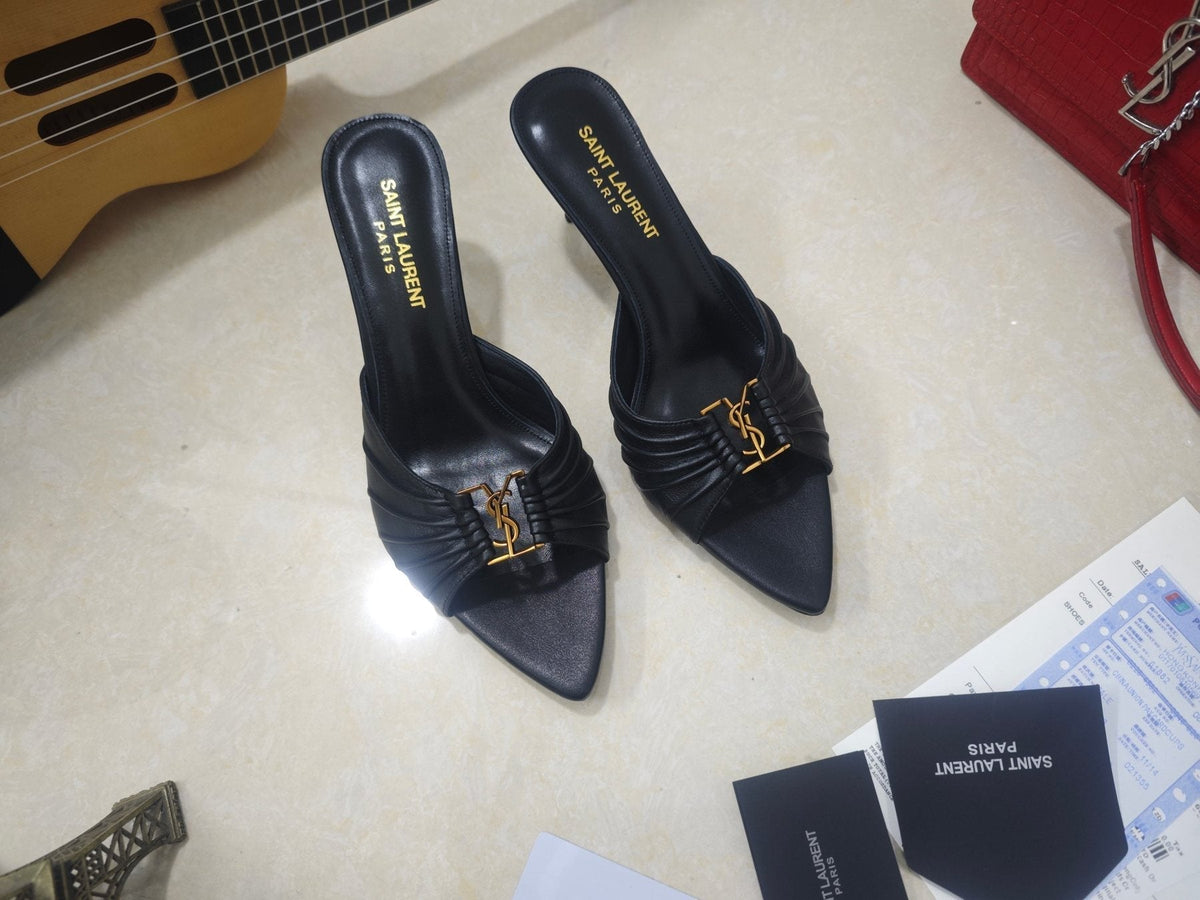 Saint Laurent Women's Ruched Logo Mule Heels