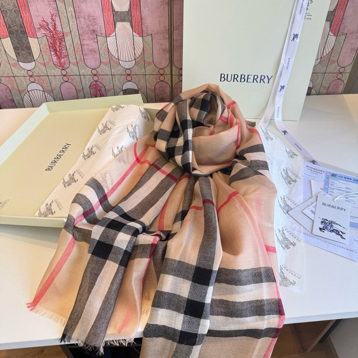 Burberry Beige Plaid Cashmere Scarf