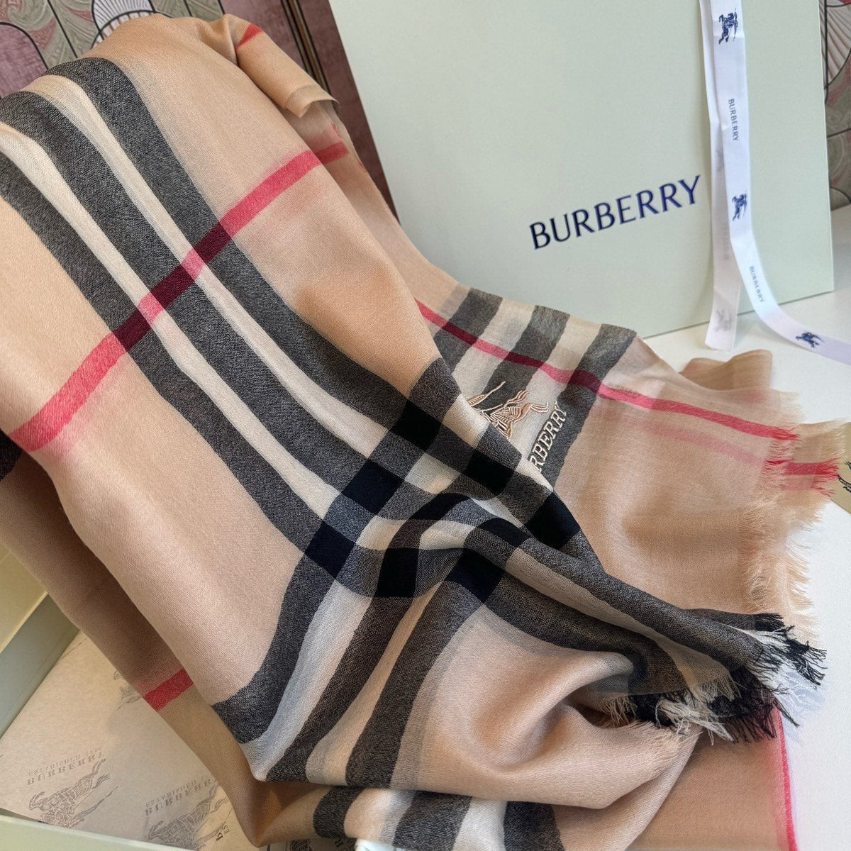 Burberry Beige Plaid Cashmere Scarf