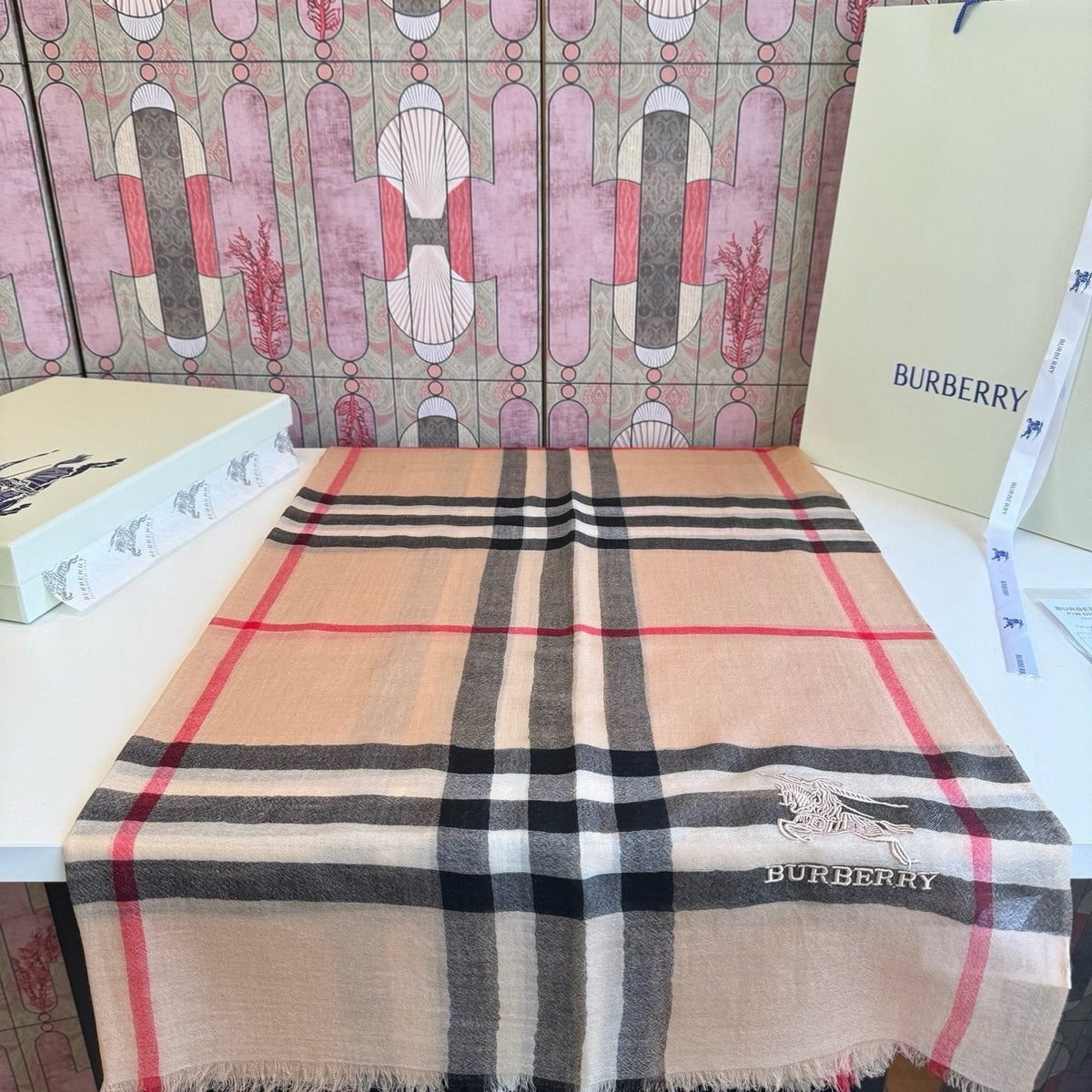 Burberry Beige Plaid Cashmere Scarf