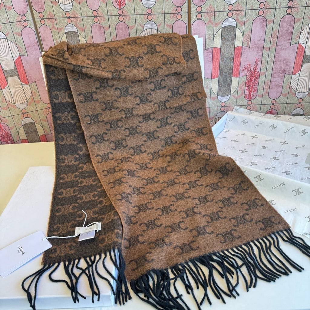 Celine Brown Patterned Fringed Scarf